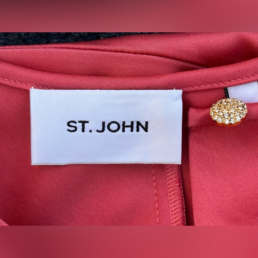 St. John Liquid Satin Blouse with Dramatic  Sleeves Crystal Buttons Coral Large - Picture 3 of 16